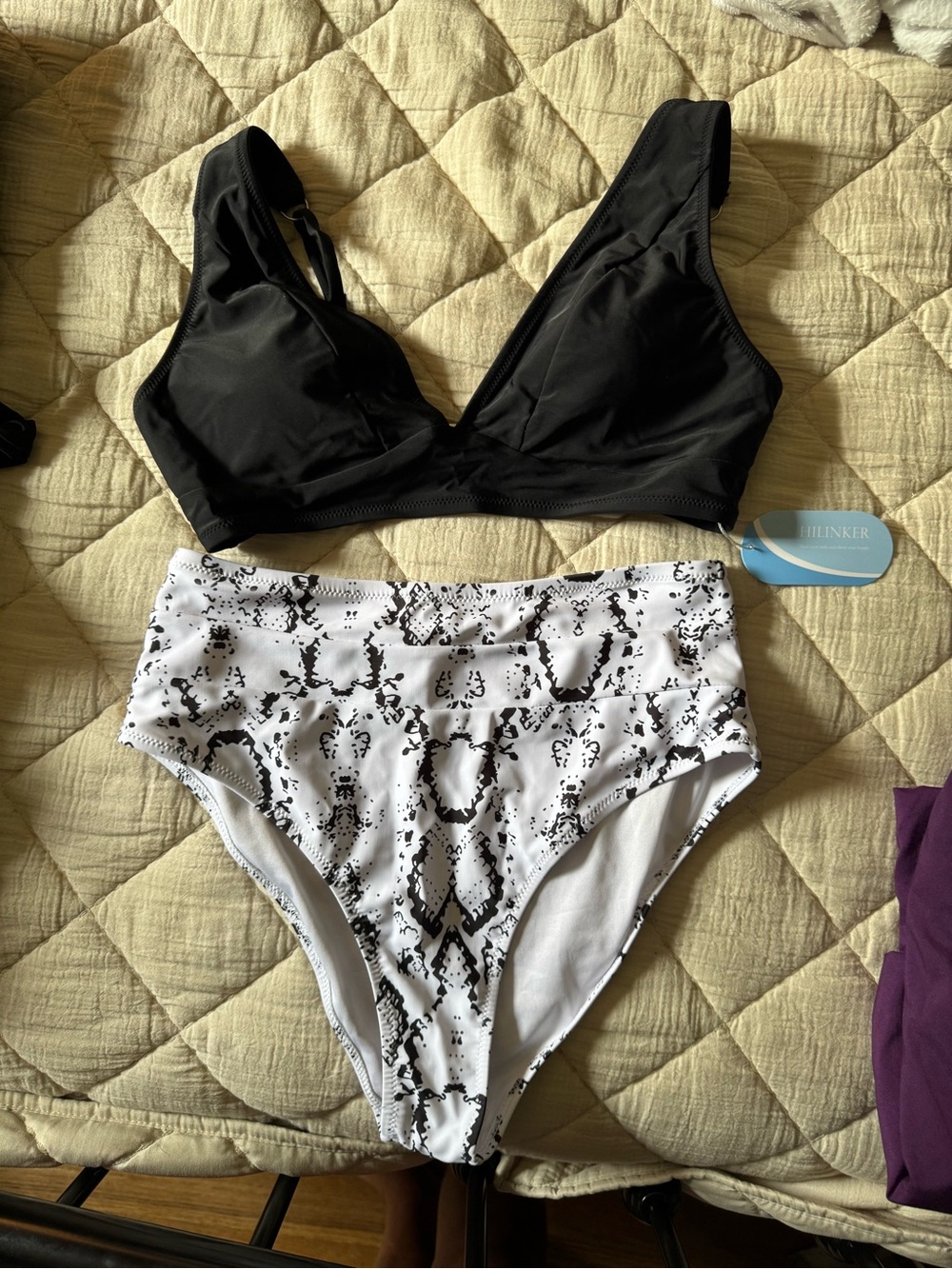 Black V-Neck Bikini Top with High-Waist Snakeskin Bottoms